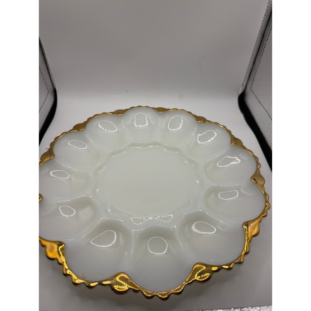 Vintage White Milk Glass Deviled Egg Plate Tray Gold Trim Scalloped Edge 12 Slot